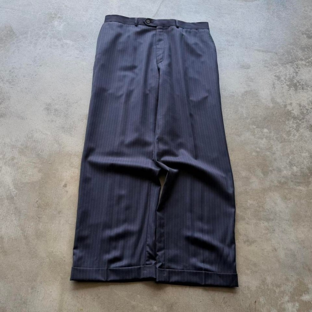 Vintage 90's Navy Blue Pin Stripe wide leg baggy fit 100% wool dress slacks 34